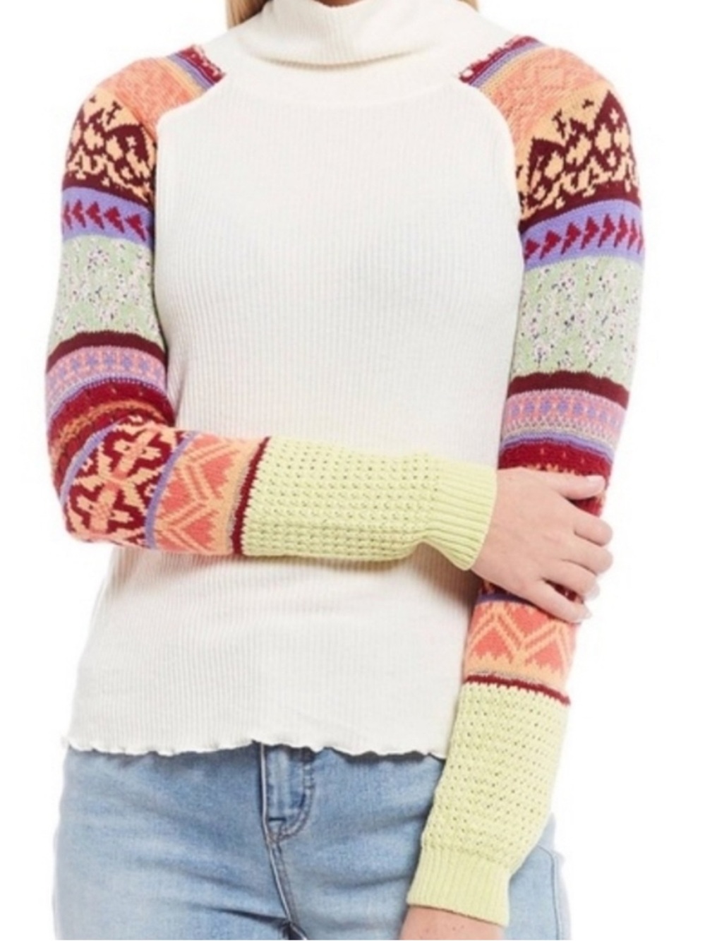 Free People Cream Cowl Neck Sweater with Colorful Patterned Sleeves - Picture 2 of 13